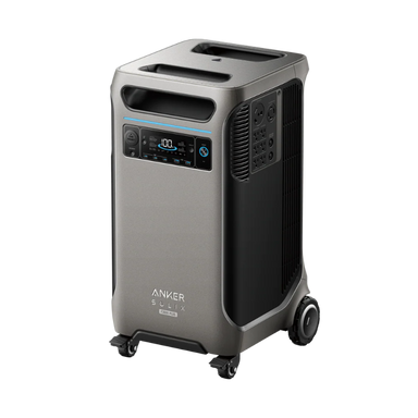 Image of Anker SOLIX F3800 Plus portable power station with integrated wheels and top carry handles, angled front and side view showing digital display and multiple power outlets on a black background.