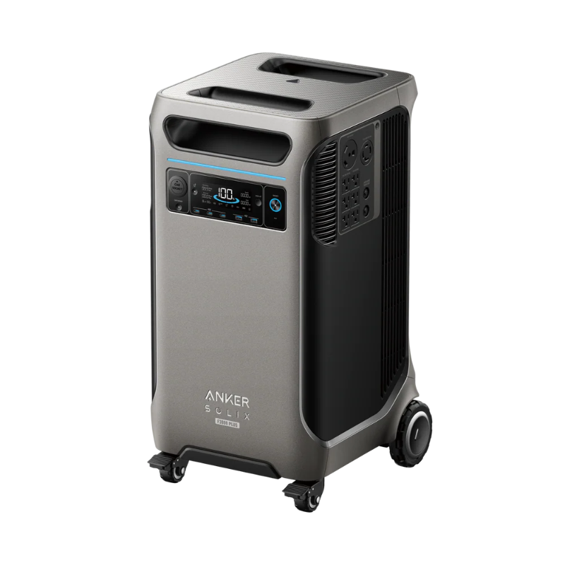 Image of Anker SOLIX F3800 Plus portable power station with integrated wheels and top carry handles, angled front and side view showing digital display and multiple power outlets on a black background.