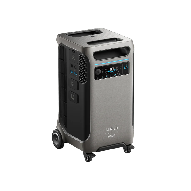 Image of Anker SOLIX F3800 Plus portable power station with wheels and top carry handles, rear and side angled view showing ventilation panels and control ports on a black background.