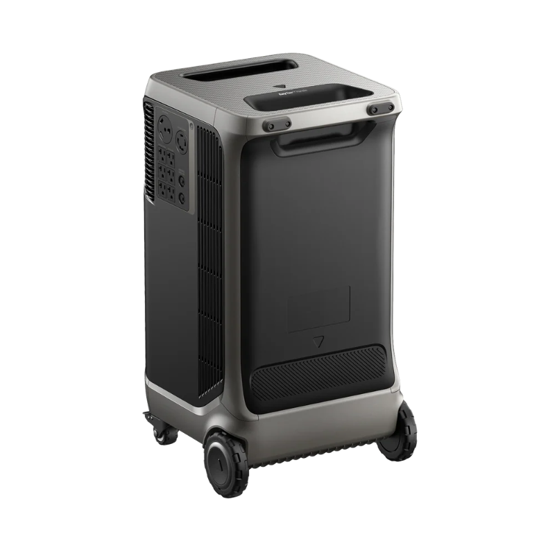 Image of Anker SOLIX F3800 Plus portable power station with integrated wheels and top carry handles, rear angled view showing ventilation grille and power input panel on a black background.