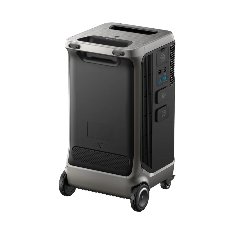 Image of Anker SOLIX F3800 Plus portable power station with wheels and top carry handles, rear and side angled view showing ventilation slots and auxiliary connection ports on a black background.