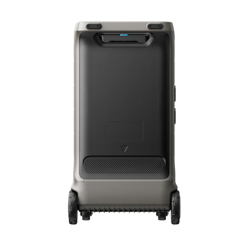 Image of Anker SOLIX F3800 Plus portable power station, straight rear view showing carry handle, ventilation panel, and integrated wheels on a black background.
