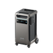 Image of Anker SOLIX portable power station with tall gray housing, digital display panel, top carry handles and wheels, angled front and side view on transparent background.