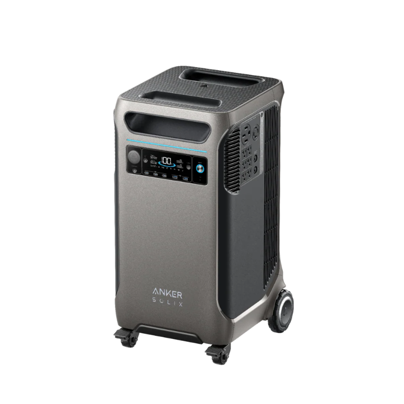Image of Anker SOLIX portable power station with tall gray housing, digital display panel, top carry handles and wheels, angled front and side view on transparent background.