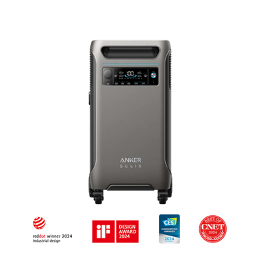 Image of Anker SOLIX portable power station with sleek gray корпус, front digital display and top carry handle, straight front view with award badges visible on transparent background.
