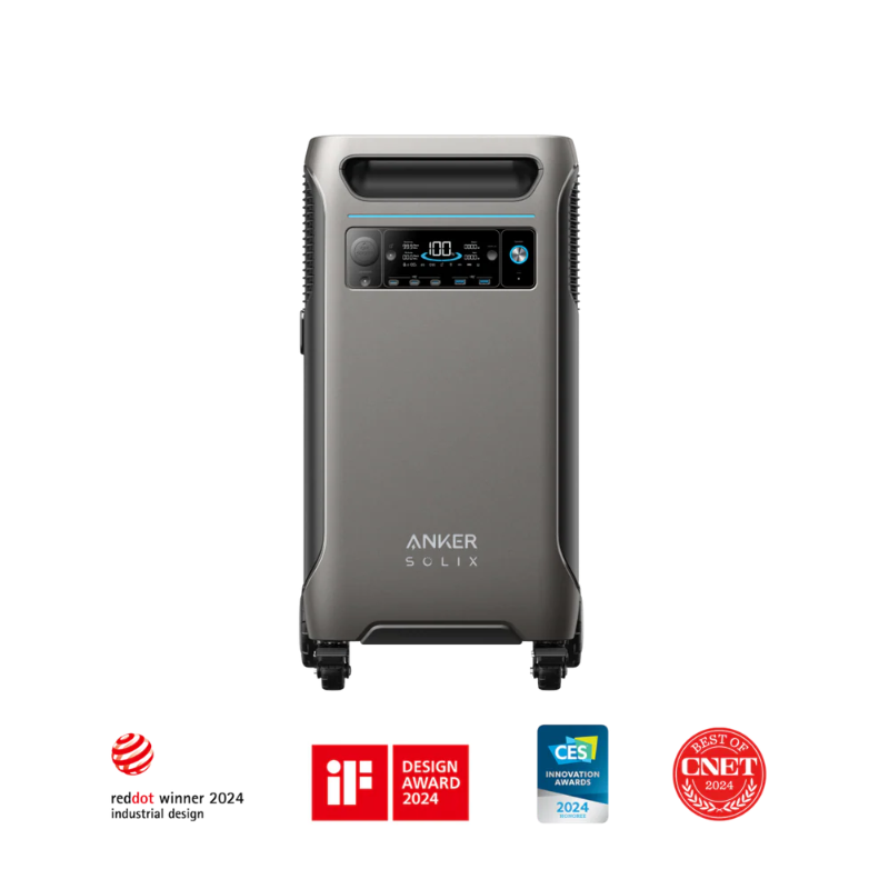 Image of Anker SOLIX portable power station with sleek gray корпус, front digital display and top carry handle, straight front view with award badges visible on transparent background.