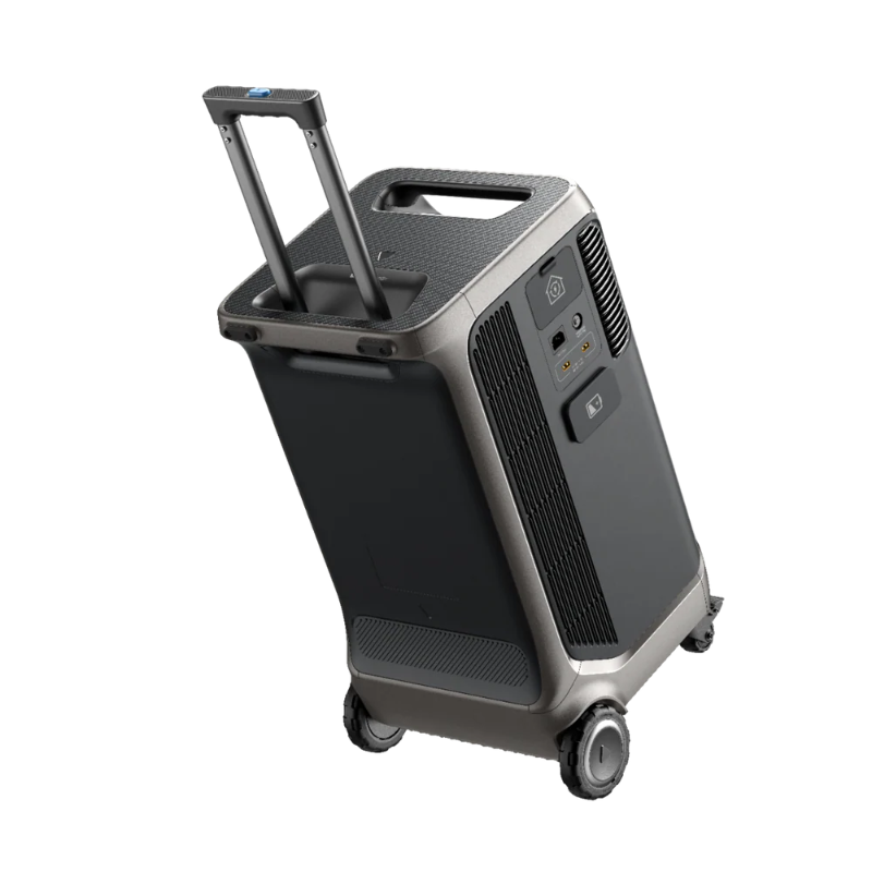 Image of Anker SOLIX portable power station with telescoping pull handle extended, dark gray body, rear ports and vents visible, angled rear and side view on transparent background.