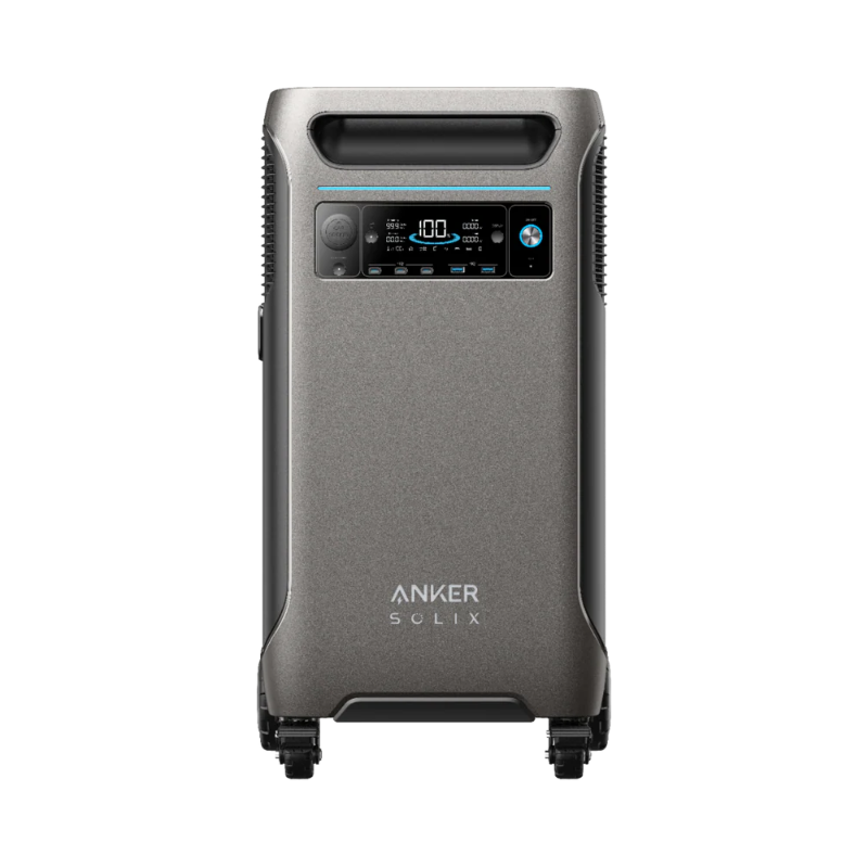 Image of Anker SOLIX portable power station with gray rectangular body, front digital control display and integrated top handle, straight front view on transparent background.