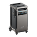 Image of Anker SOLIX portable power station with metallic gray housing, front digital display, side ports and vents, top carry handles and wheels, angled front and side view on transparent background.