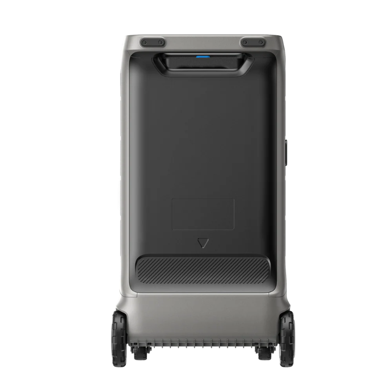 Image of Anker SOLIX portable power station with smooth dark rear panel, integrated top handle and dual wheels, straight rear view on transparent background.