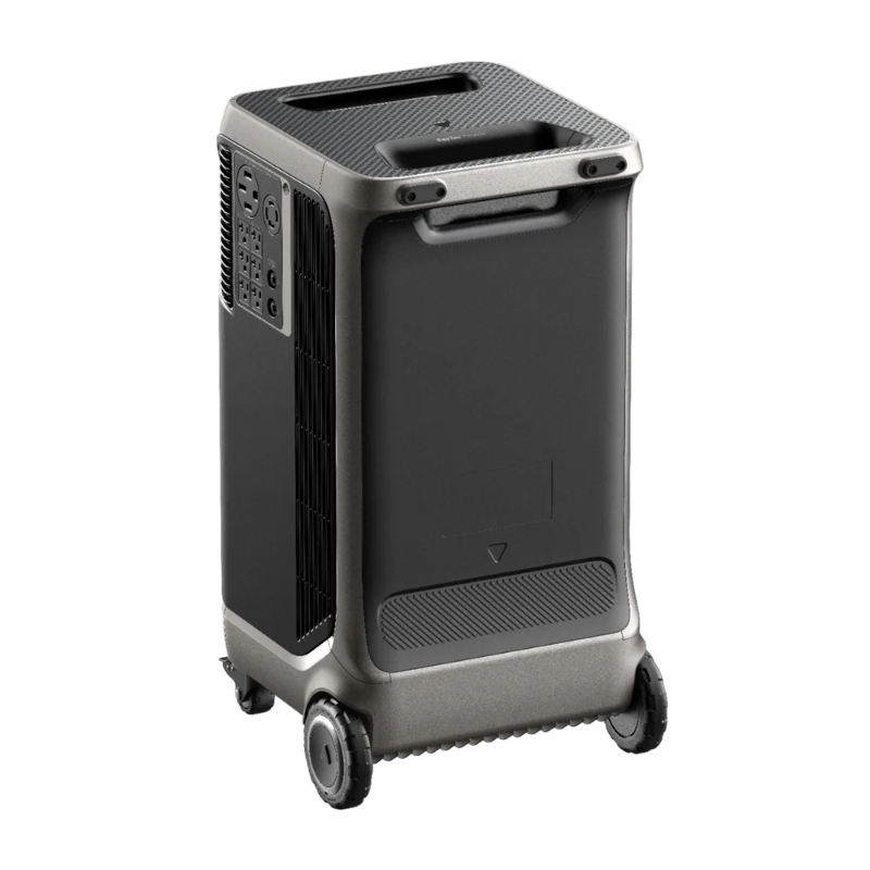 Image of Anker SOLIX portable power station with metallic gray body, rear panel and side ports visible, top carry handle and wheels, angled rear and side view on transparent background.