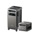 Image of Anker SOLIX portable power station with matching expansion battery, metallic gray housings, digital display and vents visible, angled front and side view on transparent background.