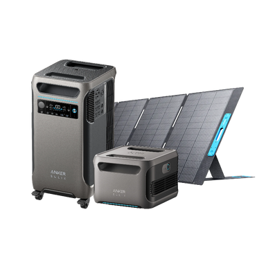 Image of Anker SOLIX F3800 portable power station with expansion battery and foldable solar panels, showing a front three-quarter view of the units with angled solar array on a transparent background.