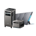 Image of Anker SOLIX F3800 portable power station with expansion battery and foldable solar panels, showing a front three-quarter view of the units with angled solar array on a transparent background.
