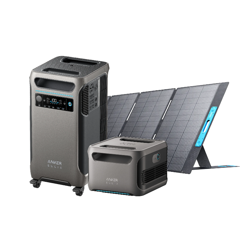 Image of Anker SOLIX F3800 portable power station with expansion battery and foldable solar panels, showing a front three-quarter view of the units with angled solar array on a transparent background.