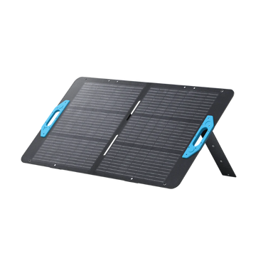 Image of Anker SOLIX portable solar panel partially deployed with integrated kickstand and blue carry handles, black photovoltaic surface, angled front and side view on black background.