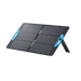 Image of Anker SOLIX portable solar panel partially deployed with integrated kickstand and blue carry handles, black photovoltaic surface, angled front and side view on black background.