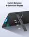 Image of Anker SOLIX portable solar panel showing adjustable kickstand with four optimized tilt angles, black panel with blue handle, angled side view on light background.