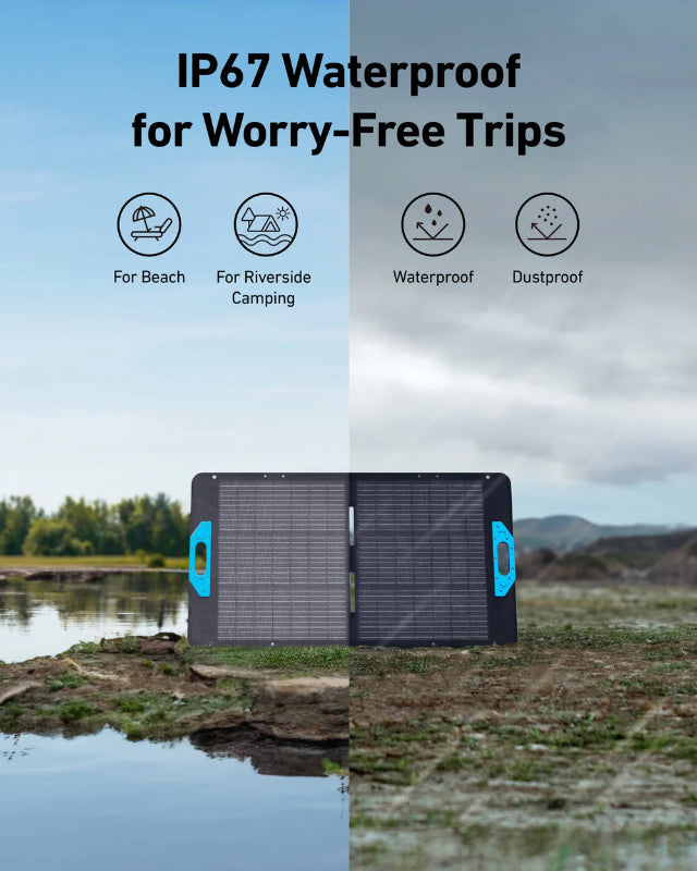 Image of Anker SOLIX portable solar panel showcasing IP67 waterproof and dustproof protection, black foldable panel with blue handles, front view in outdoor beach and riverside environments.