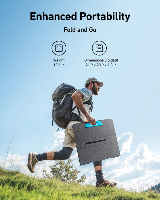 Image of Anker SOLIX portable solar panel folded for easy carrying, lightweight black panel with blue handle held by hiker with backpack, outdoor side view on grassy hillside background.