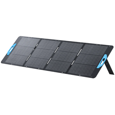 Image of Anker SOLIX portable solar panel fully deployed with integrated kickstand and blue carry handles, black photovoltaic surface, angled front and side view on black background.