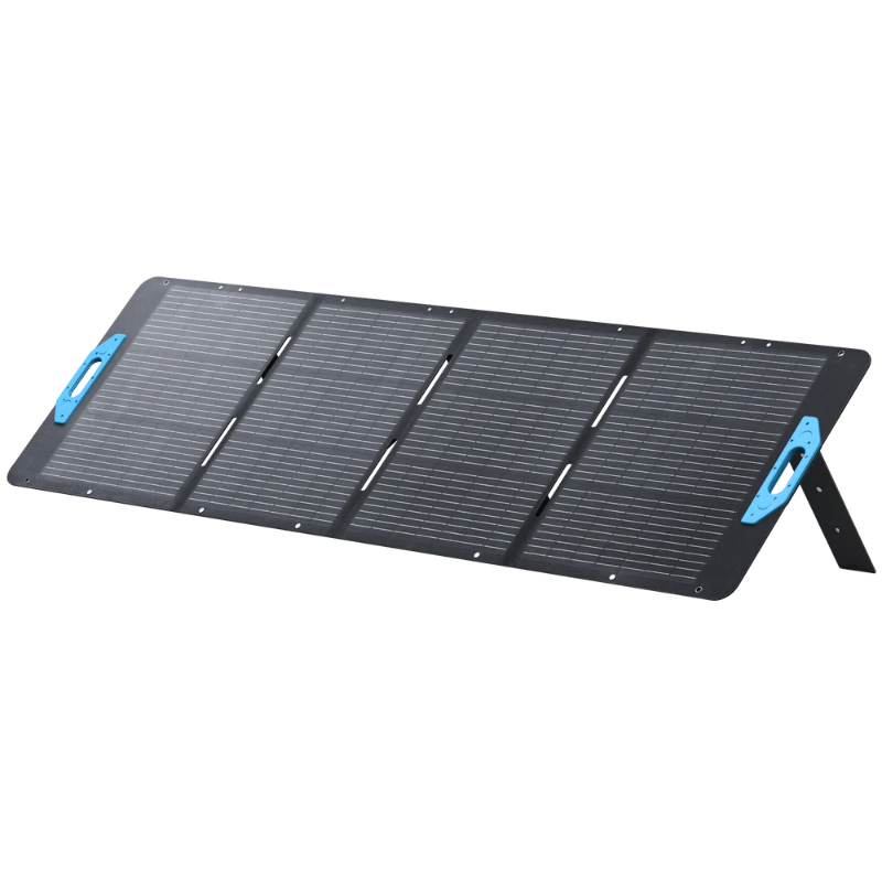 Image of Anker SOLIX portable solar panel fully deployed with integrated kickstand and blue carry handles, black photovoltaic surface, angled front and side view on black background.