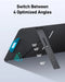 Image of Anker SOLIX portable solar panel showing adjustable kickstand with four optimized tilt angles, black panel with blue handle, angled side view on light background.