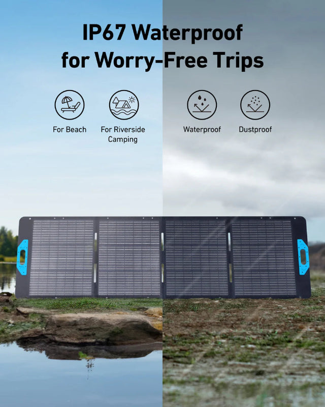 Image of Anker SOLIX portable solar panel showcasing IP67 waterproof and dustproof protection, fully deployed black foldable panel with blue handles, front view in beach and riverside outdoor environments.