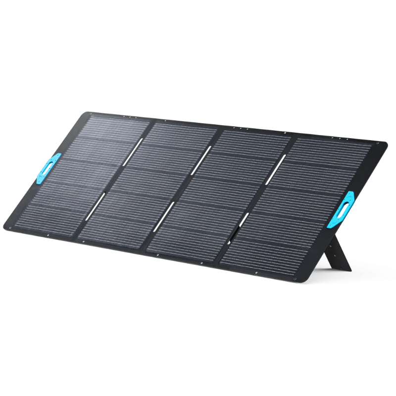Image of Anker SOLIX portable solar panel fully deployed with integrated kickstand and blue carry handles, large black photovoltaic surface, angled front and side view on black background.