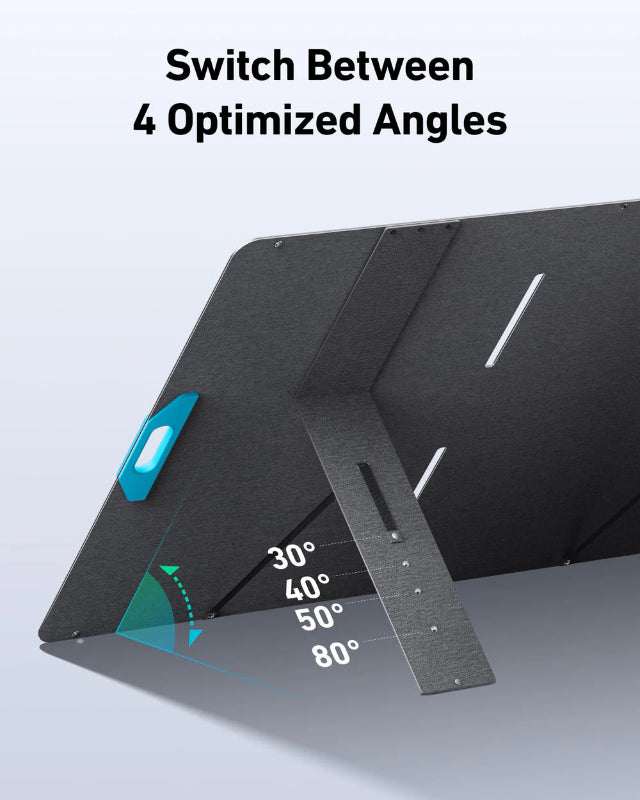 Image of Anker SOLIX portable solar panel showing adjustable kickstand with four optimized tilt angles, black panel with blue handle, angled side view on light background.