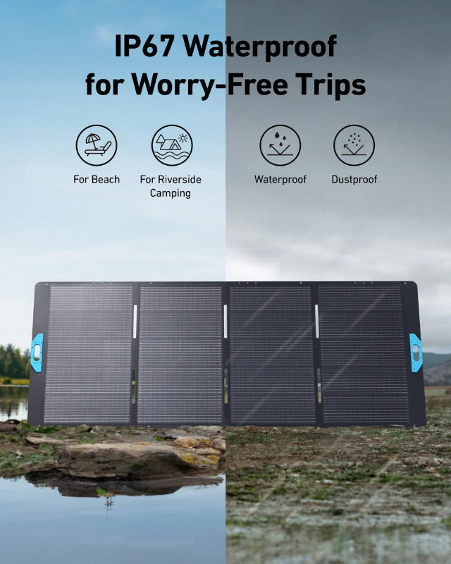 Image of Anker SOLIX portable solar panel showcasing IP67 waterproof and dustproof protection, fully deployed black foldable panel with blue handles, front view in beach and riverside outdoor environments.