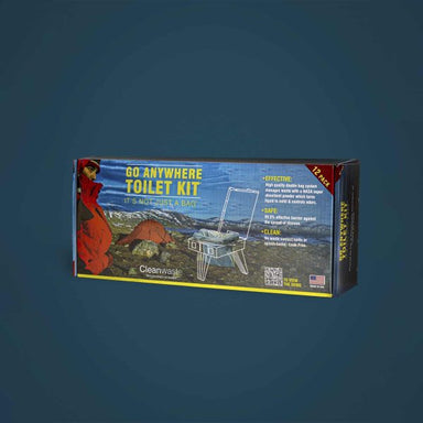 Image of Cleanwaste GO Anywhere Toilet Kit retail box with outdoor camping graphics and product illustration, angled front and side view on solid background.