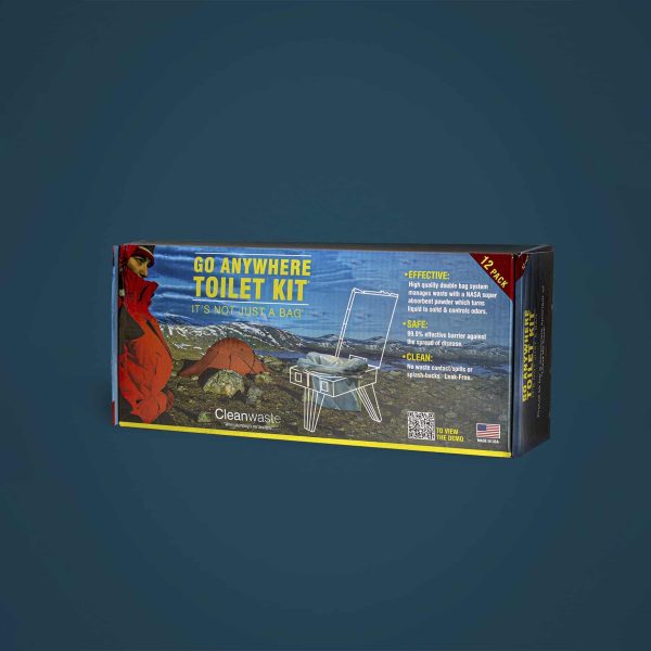 Image of Cleanwaste GO Anywhere Toilet Kit retail box with outdoor camping graphics and product illustration, angled front and side view on solid background.