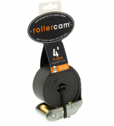 Image of RollerCam 1 inch cam-operated tie down strap with black webbing and metal buckle, retail packaging front view on white background.