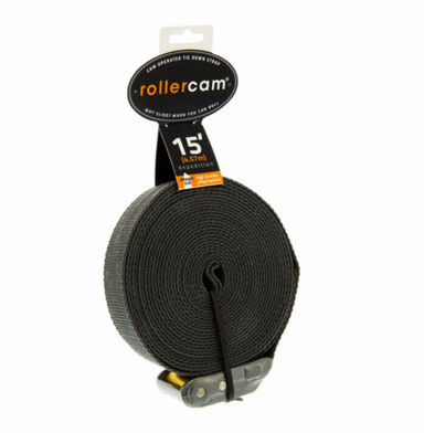 Image of Rollercam expedition cam strap with metal buckle and black webbing, 15 ft length packaging displayed, front angled view on white background.