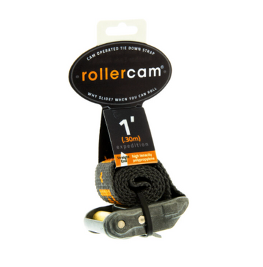 Image of Rollercam expedition cam strap with metal buckle and black webbing, packaged with branded tag, front angled view on white background.