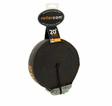 Image of Rollercam expedition cam strap with metal buckle and black webbing, 20 ft length packaging displayed, front angled view on white background.