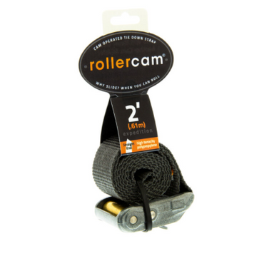 Image of Rollercam expedition cam strap with metal buckle and black webbing, 2 ft length packaging displayed, front angled view on white background.