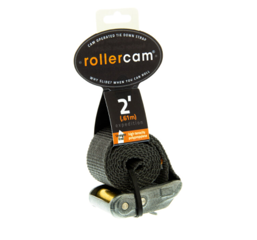 Image of Rollercam expedition cam strap with metal buckle and black webbing, 2 ft length packaging displayed, front angled view on white background.