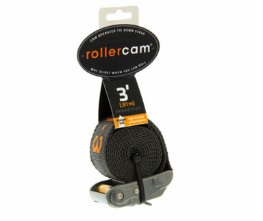 Image of Rollercam expedition cam strap with metal buckle and black webbing, 3 ft length packaging displayed, front angled view on white background.