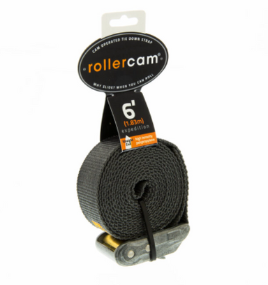 Image of Rollercam expedition cam strap with metal buckle and black webbing, 6 ft length packaging displayed, front angled view on white background.