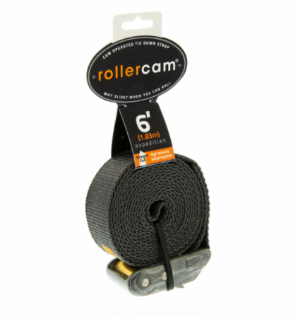 Image of Rollercam expedition cam strap with metal buckle and black webbing, 6 ft length packaging displayed, front angled view on white background.