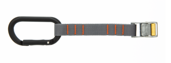 Image of Rollercam tie-down strap with metal cam buckle and black carabiner hook, gray webbing with orange stitching, side view on white background.