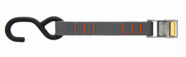 Image of Rollercam tie-down strap with metal cam buckle and black hook end, gray webbing with orange stitching, side view on white background.