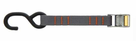 Image of Rollercam tie-down strap with metal cam buckle and black hook end, gray webbing with orange stitching, side view on white background.