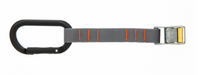 Image of gray tie down strap with black carabiner and metal cam buckle, side profile view on white background.