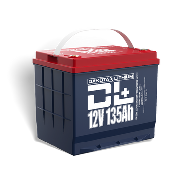 Image of a Dakota Lithium 12V 135Ah deep cycle battery, blue with a red top and white handle, angled front and side view on a white background