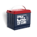 Image of a Dakota Lithium 12V 135Ah deep cycle battery, blue with a red top and white handle, angled front and side view on a white background