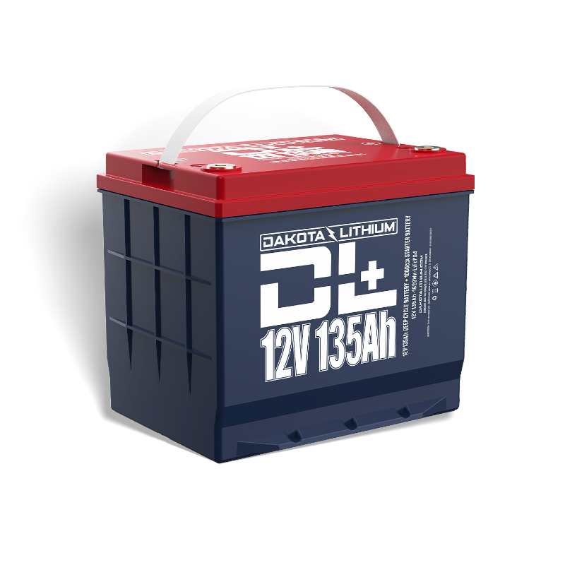 Image of a Dakota Lithium 12V 135Ah deep cycle battery, blue with a red top and white handle, angled front and side view on a white background