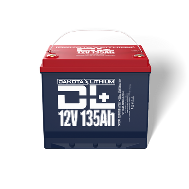 Image of a Dakota Lithium 12V 135Ah deep cycle battery, blue with a red top and white handle, front view on a white background